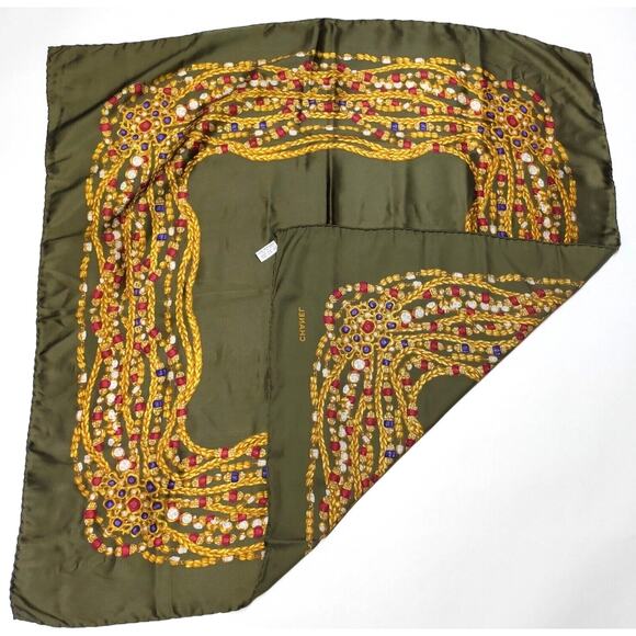 Authentic CHANEL Olive Green Multi Color 100% Silk Scarf - Picture 4 of 6